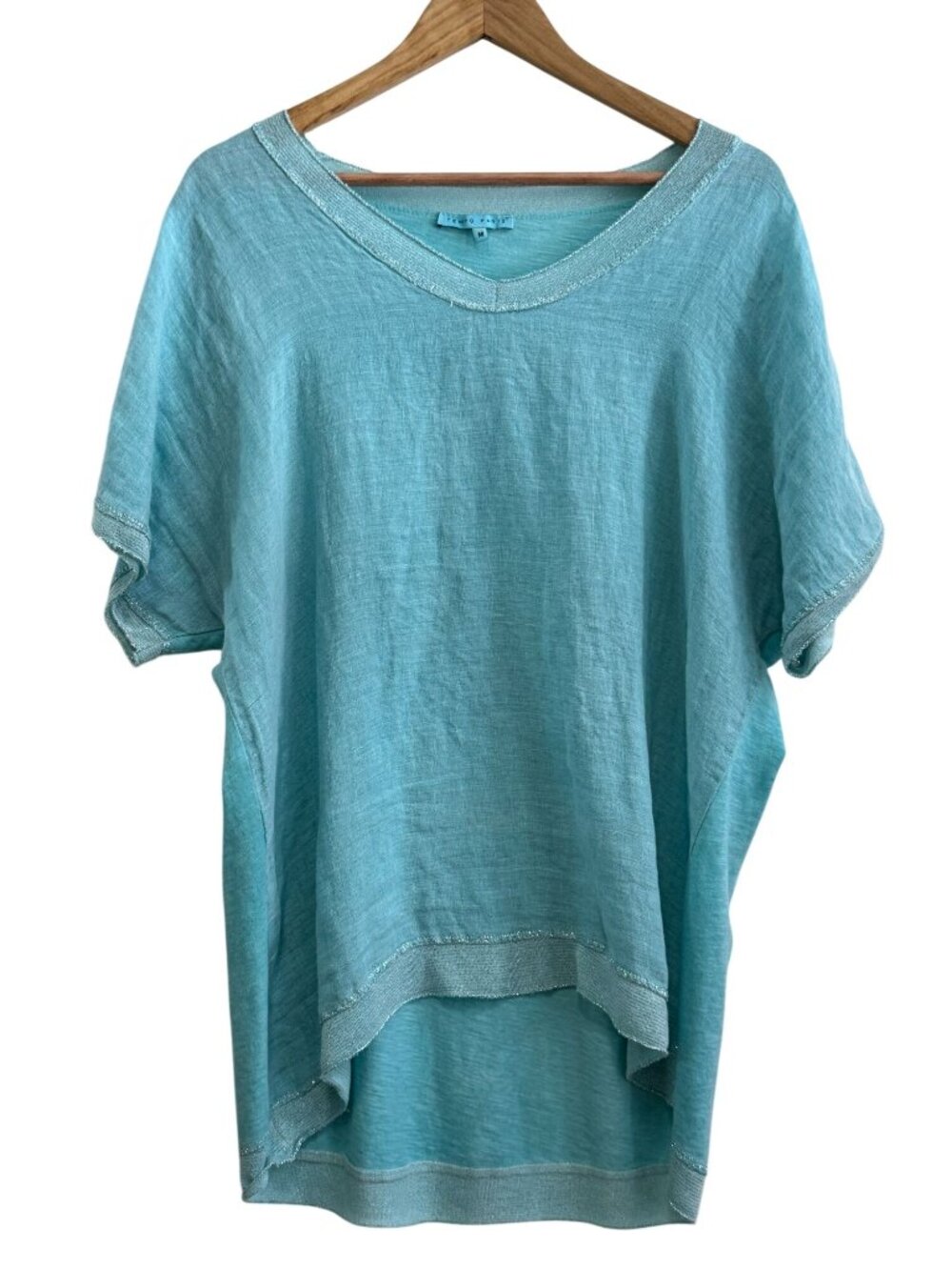Tempo Paris 100% Linen Light Blue Tunic Top Metallic Trim Made in Italy M